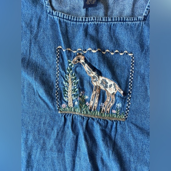 New Direction Denim Dress Womans Petite Medium Giraffe Embroidery Maxi 90s Y2K - Picture 3 of 8